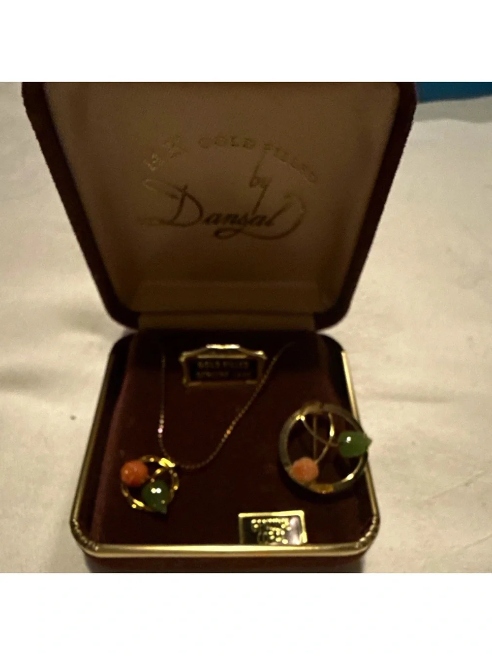 Gold-Tone Green and Orange Pendant Necklace and Brooch Set